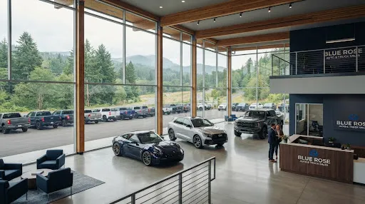 A modern Pacific-Northwest dealership showroom with floor-to-ceiling glass.