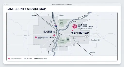 Stylized map of Eugene, Springfield & Lane County, Oregon.