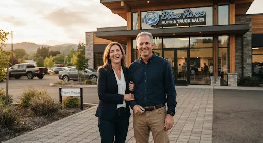 The founders of Blue Rose standing in front of their Eugene dealership.