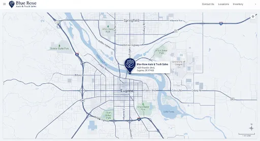 Map of Eugene, Oregon with the Blue Rose showroom marked.