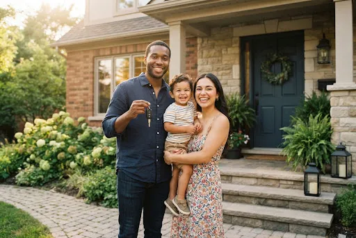 A happy family holding the keys to their new car in front of their home.
