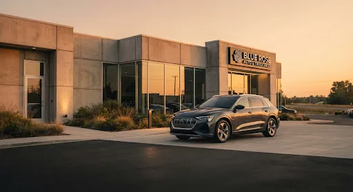 A modern SUV parked in front of a minimalist building at golden hour.