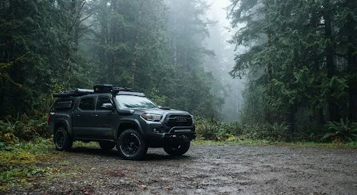 A rugged 4x4 truck parked in a misty Pacific Northwest evergreen forest at dawn.