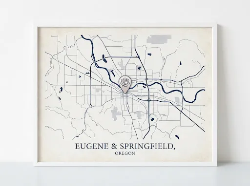 Stylized map of the Eugene and Springfield, Oregon area with the Blue Rose lot pinned.