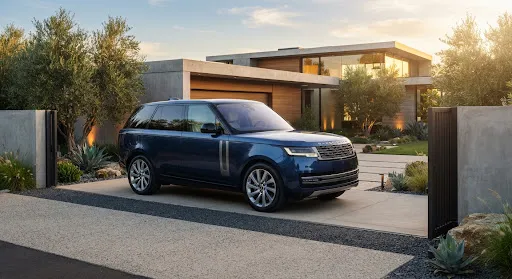A luxury SUV parked in a minimalist modern driveway at golden hour.